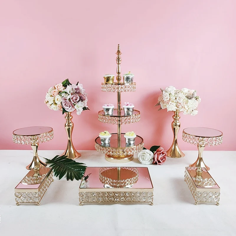 8pcs Metal Cake Stand Set Mirror Cupcake plate Wedding Party Display Tray