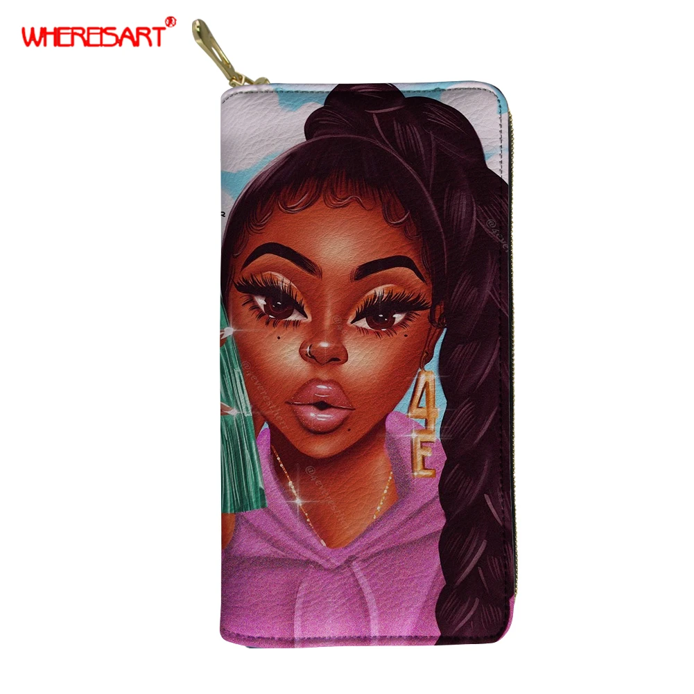 

WHEREISART Women's Wallet Afro Girls Melanin Poppin Pattern Long Leather Female Wallet Designer Purse Women Phone Bag Sac Femme