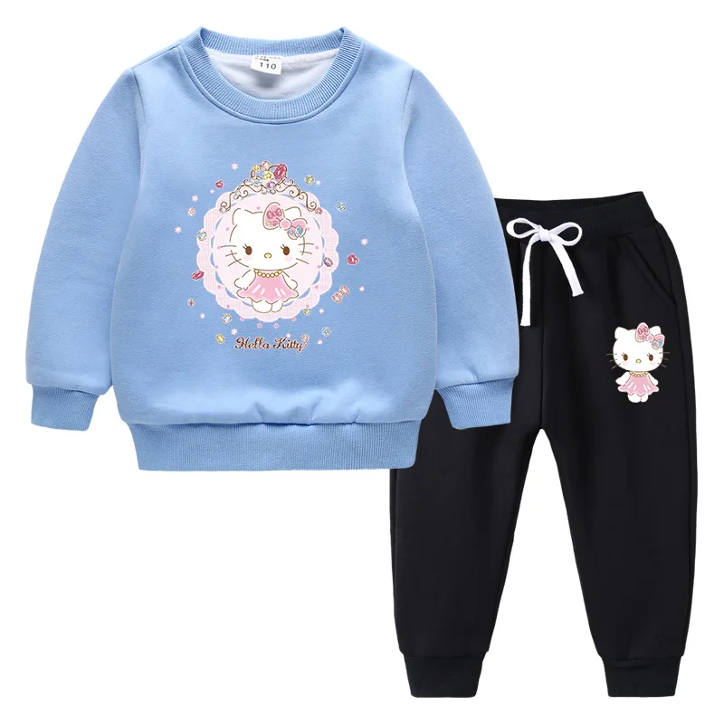 Ropa para niños de Hello Kitty, conjunto con capucha con estampado bonito, deportes informales de invierno para niñas, manga larga, además de ropa cálida de terciopelo para niños