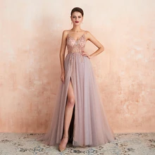 Sexy Spaghetti Straps Evening Dresses 2020 New Arrival V-Neck Rhinestones Beading Formal Prom Gowns with Slit robe de soiree