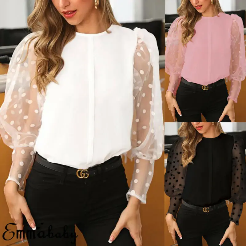 Женская прозрачная блузка в горошек с длинными рукавами фонариками элегантная
