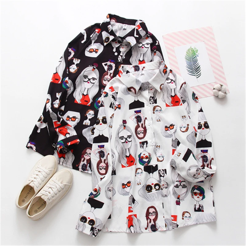 

Spring Autumn Women Shirt Cartoon Girl Print Long Sleeve Casual Loose Streetwear Harajuku Fashion Female Shirts