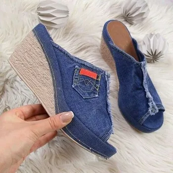 

Women Sandals Summer Denim Wedges Mid Heel Peep Toe Platform Casaual Plus Size 35-43 Beach Female Ladies Shoes Zapatos De Mujer