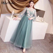 Светильник, Зеленый Тюль, Длинные вечерние платья размера плюс, роскошная аппликация, элегантные платья в пол с глубоким вырезом и длинными рукавами