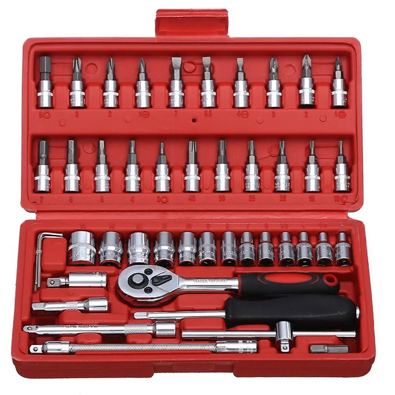 46pcs/set Car Repair Tools Socket Set 1/4'' Drive Ratchet Wrench Spanner Screwdrive Hex Kits Household Combination Hand Tool |