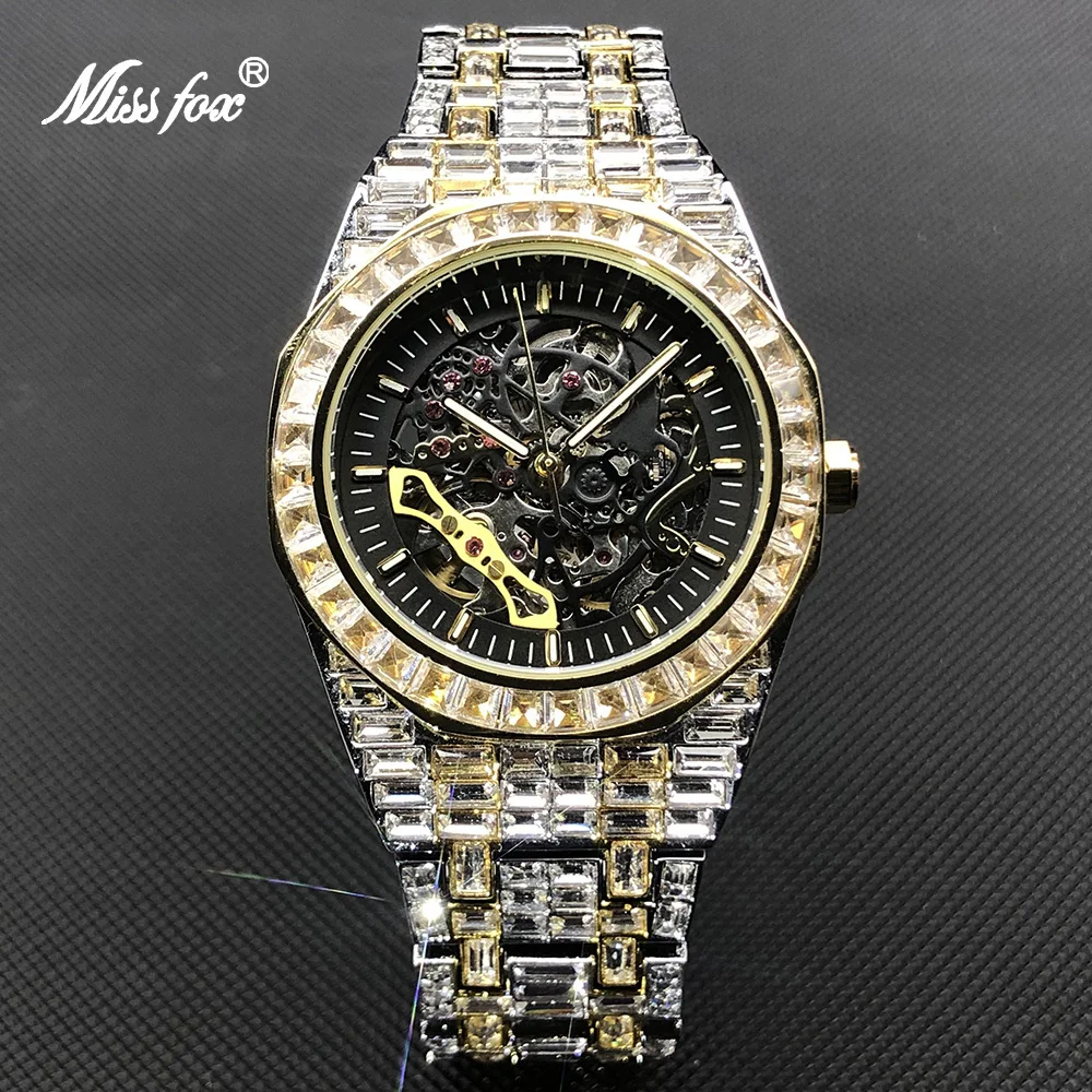 MISSFOX Hip Hop Mechanical Mens Watches Luxury Iced Out Stainless Steel Automatic Wristwatch For Men Jewelry Relógio masculino luxury automatic mechanical watch men hip hop brand missfox steel full iced diamond jewelry gold wristwatch fashion man 2023 new