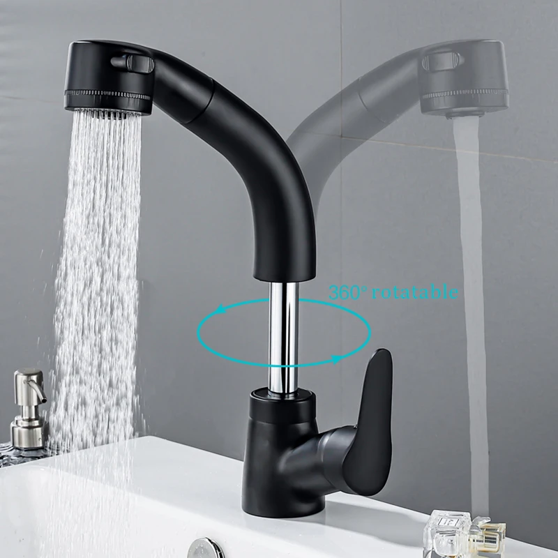 Bathroom Faucet Basin Faucet Shinesia Matte Black Pull Out Spout Rotatable Liftable Body Deck Mounted Hot and Cold Water Mixer Tap