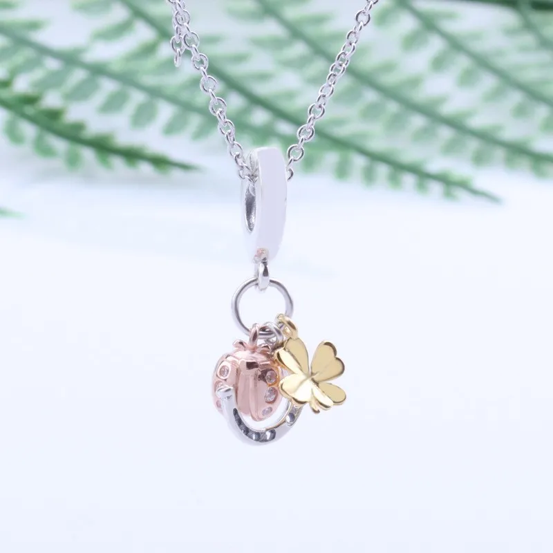 

Original 925 Sterling Silver Charm Rose Golden Ladybug And Clover Pendant Fit Pandora Women Bracelet & Necklace Diy Jewelry