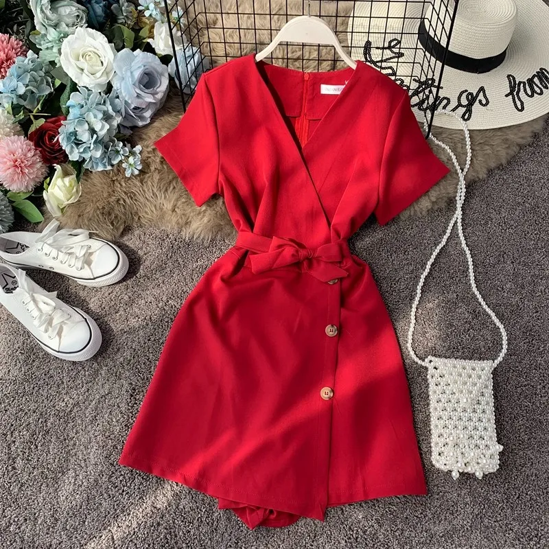 NiceMix 2020 Summer Bodysuit Women Romper Short Sleeves Red jumpsuit Sexy V-Neck Wide Pants Single Breasted Solid Beach Style NiceMix 2020 Summer Bodysuit Women Romper Short Sleeves Red jumpsuit Sexy V-Neck Wide Pants Single Breasted Solid Beach Style