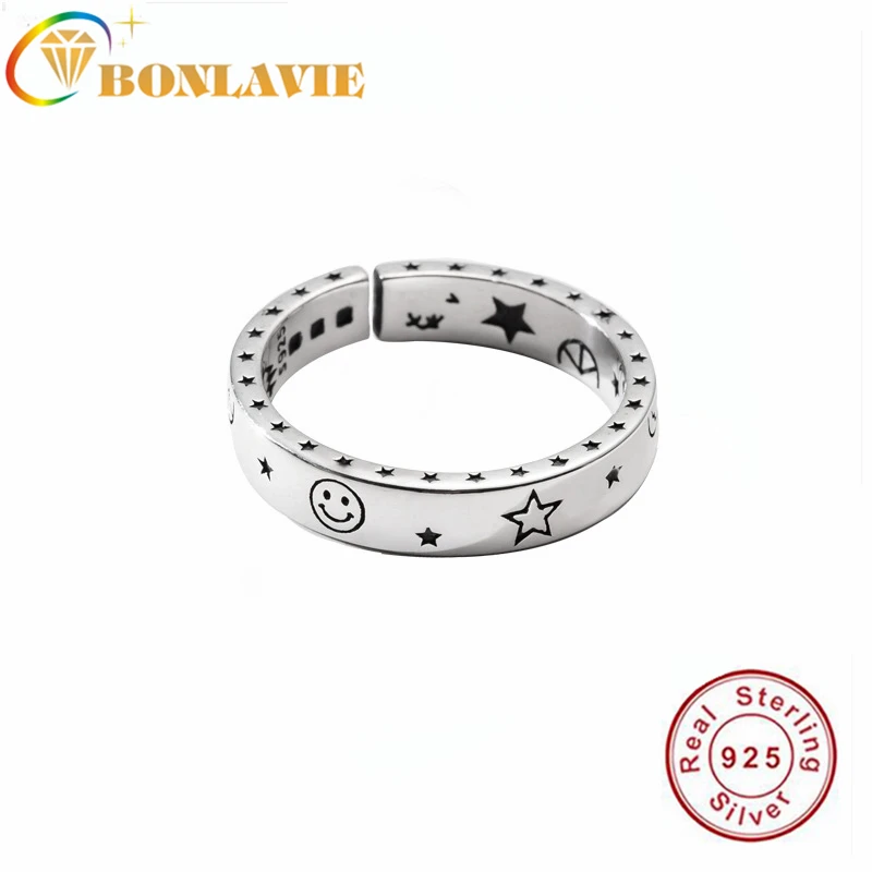 

Bonlavie S925 Silver Star Smiling Face Adjustable open Ring for Women Fine Jewelry Weeding Bands Jewelry