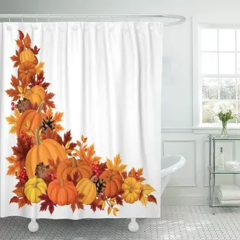 

Autumn Leaves Pumpkin Thanksgiving Washable Waterproof Durable Polyester Bathroom Shower Curtain Set