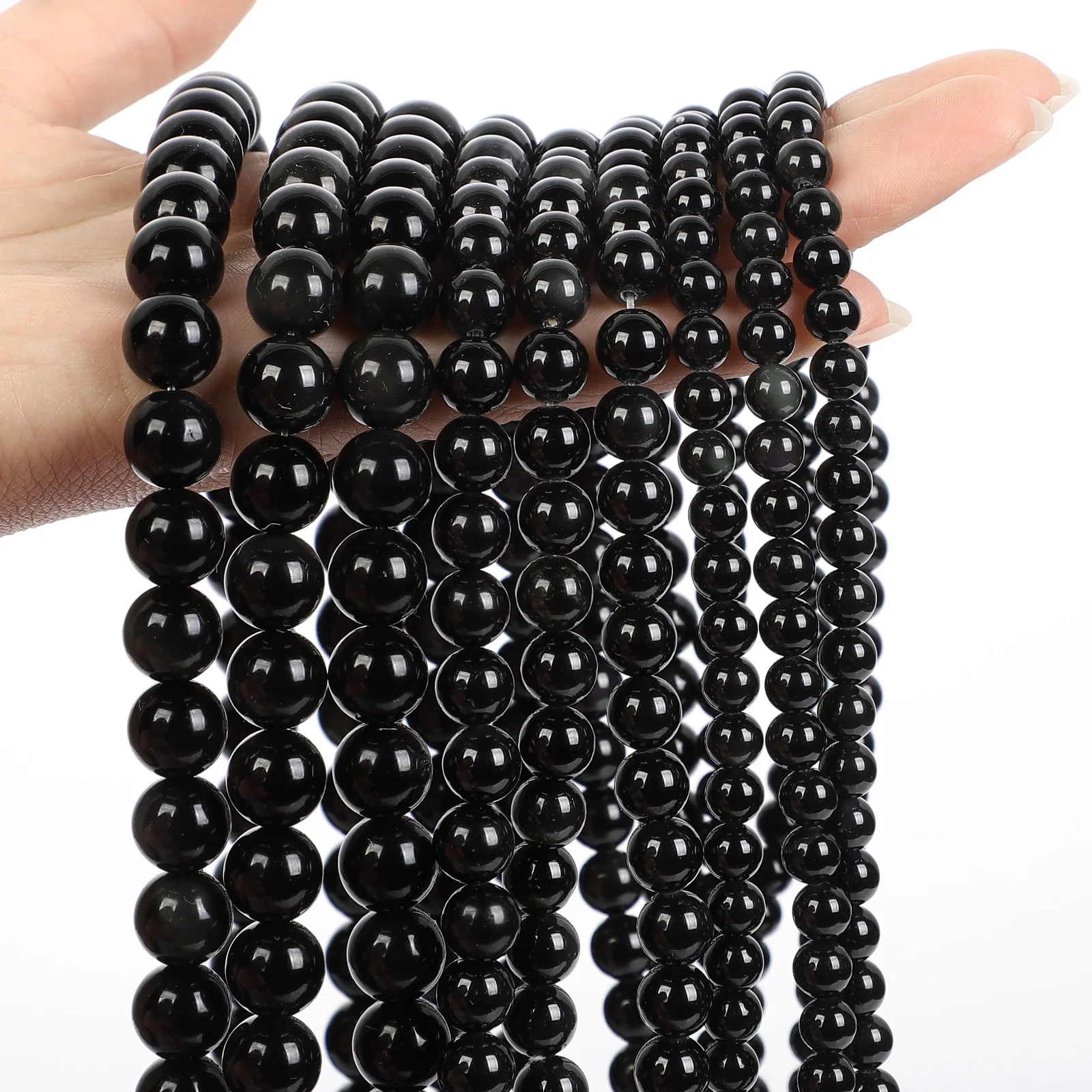Smooth Natural Stone Beads Black Obsidian Round Loose Spacer Bead For Jewelry Making DIY Charm Bracelets Necklace Accessories