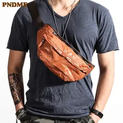 PNDME индивидуальный тренд Высокое качество Натуральная кожа Мужская нагрудная сумка винтажная мягкая воловья Роскошная Подростковая