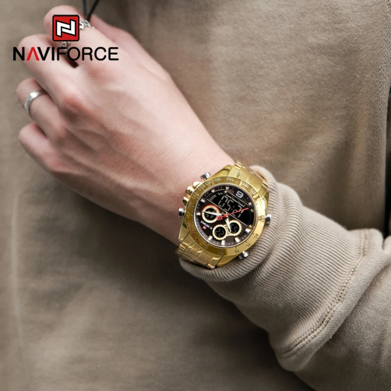 NAVIFORCE Luxury Gold Watch For Men Digital Sport Chronograph Clock Quartz Wristwatch Male Military Steel Band Waterproof Watch Sadoun.com