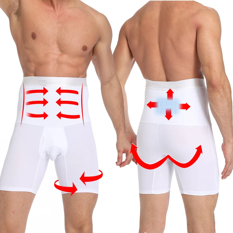 Men's High Waist Tummy Abdomen Leg Control Shapewear Shorts Anti-Curling Slimming Body Shaper Underwear Boxer Brief Butt Lifter