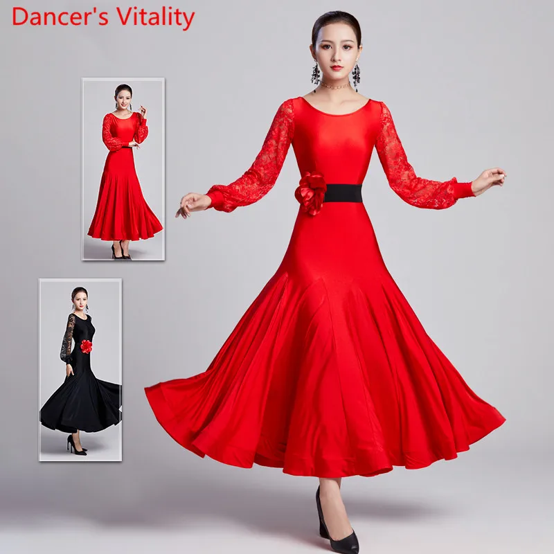 Modern Dance Long Puff Sleeve Big Swing Dress Ballroom National Standard Waltz Jazz Competition Performance Practice Cloth | Тематическая