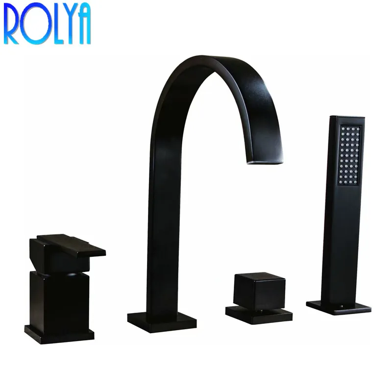 

ROLYA Black 4 Hole Roman Tub Faucet with Hand Shower Modern Style Bathtub Mixer Taps