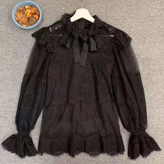 Высококачественная кружевная блузка Осенняя рубашка женская с оборками воротник сексуальная прозрачная в горошек сетка Лоскутная Элегантная блузка футболка белая - Цвет: black