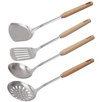 

4Pcs Stainless Steel Cooking Utensil Set Heat Resistant Seamless Kitchen Essential Wooden Handle Cookware for Cooking Flipping
