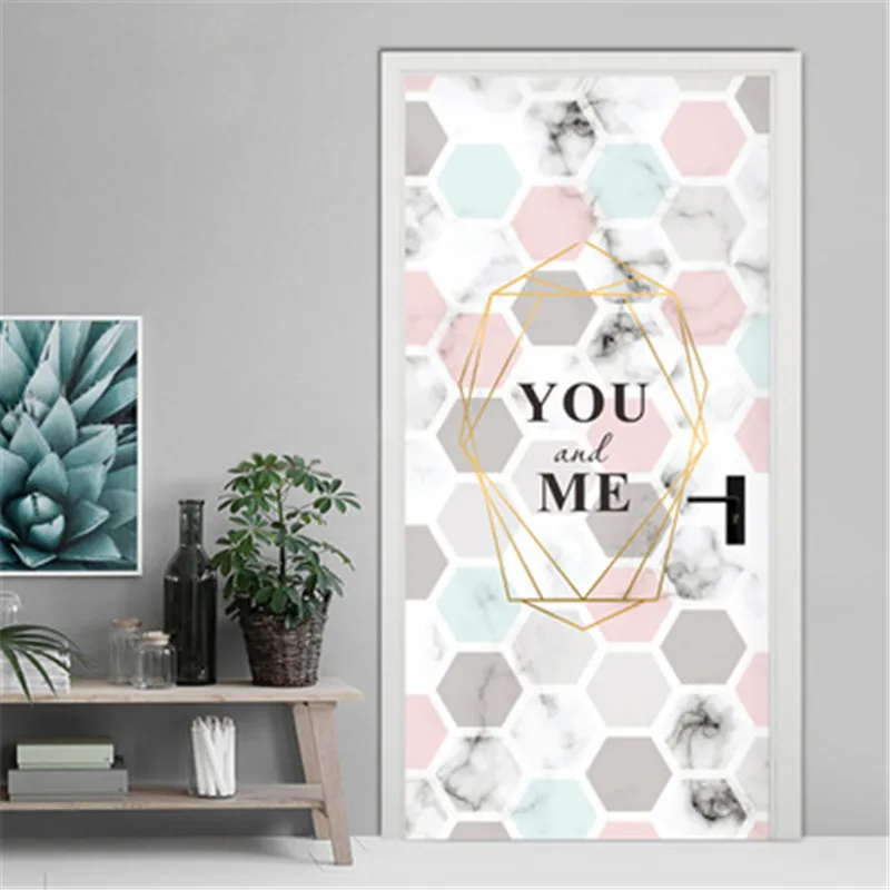 

Nordic Style 3D Geometric Marble Texture Door Sticker Living Room Bedroom Wardrobe Sticker Waterproof Fridge Door Stickers Mural