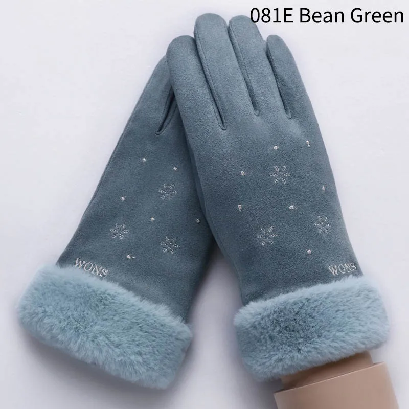 081E Bean Green Милые зимние теплые женские перчатки с вышивкой в виде кота и снежинки, двухслойные бархатные толстые женские перчатки митенки, подарок - Цвет: 081E Bean Green