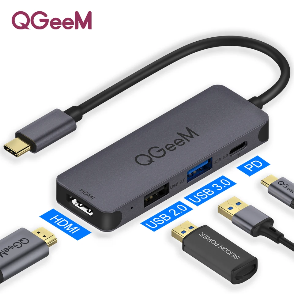4 Ports HUB QGeeM USB C для Macbook Pro мульти-концентратор USB 3,1 de tipo C 3,0 концентратор HDMI PD адаптер для iPad Pro OTG de carga del divisor - Цвет: 4 Ports HUB