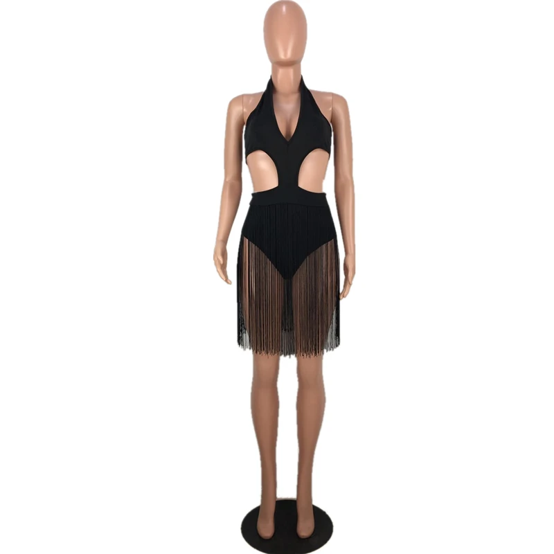 black swimsuit Adogirl, Цельный купальник с кисточками, сексуальный, с вырезами, v-образный вырез, Холтер, монокини, купальник, летняя пляжная одежда, женские боди - Цвет: black swimsuit