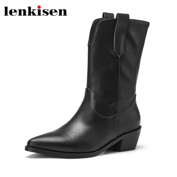 

Lenkisen hot sale western boots genuine leather pointed toe high heel young lady mature elegant streetwear mid-calf boots L02