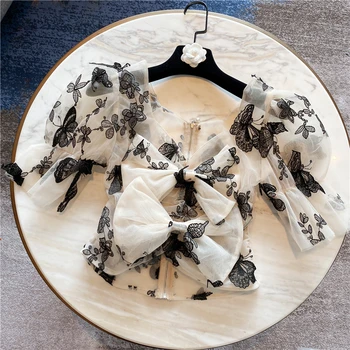 

Blusas Mujer De Moda 2020 Summer New Sweet Temperment Double Bow Embroidered Mesh Puff Sleeve Top Blouse Shirts Lady's Tops -