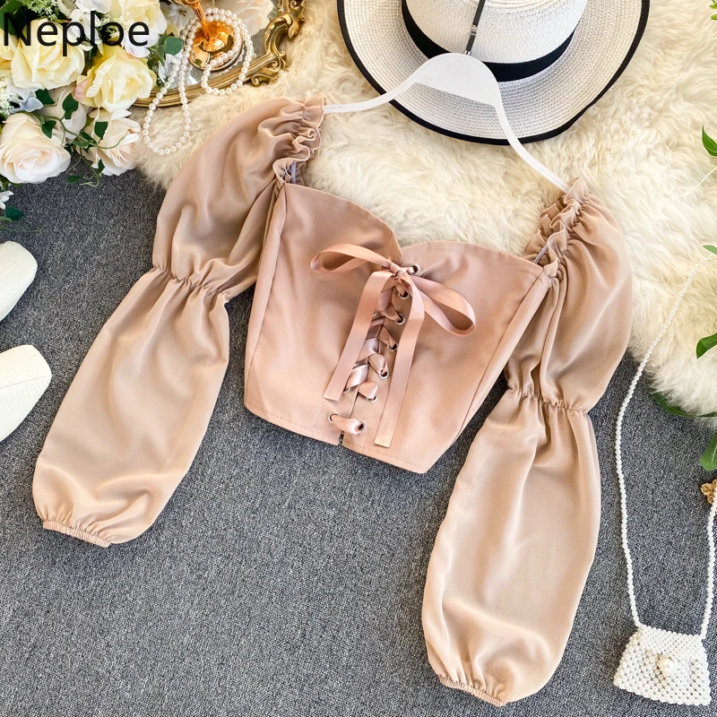 Neploe и открытыми плечами Сексуальная Блузка для женщин с воротником со