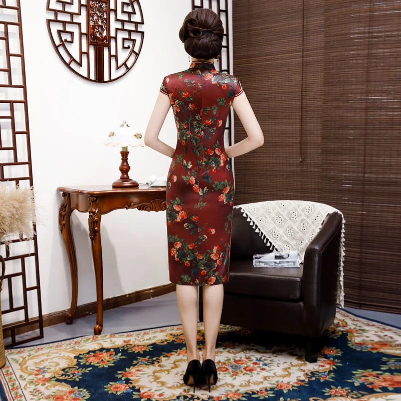 Китайский Стиль вечернее платье, пикантное элегантное леди тонкий Cheongsam Винтаж принт из сатина с украшениями в виде цветов Qipao Размеры M-4XL