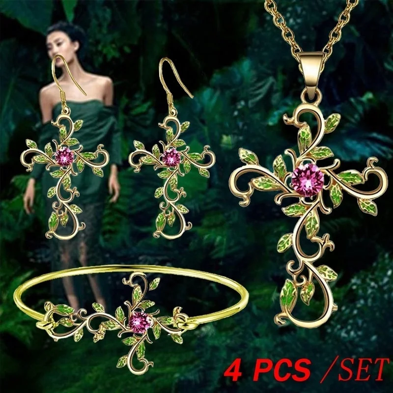 

4PCS Fashion Elegant Jewelry Set Cross Pendant Leaf Necklace Earrings Bracelet Jewelry Sets for Women Gifts