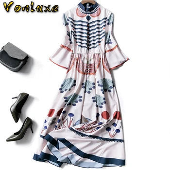 

Runway 2020 Spring Summer Fashion Luxury Designers High Quality Bohemian Flare Sleeve Boho Printed Women Maxi Dress Robe