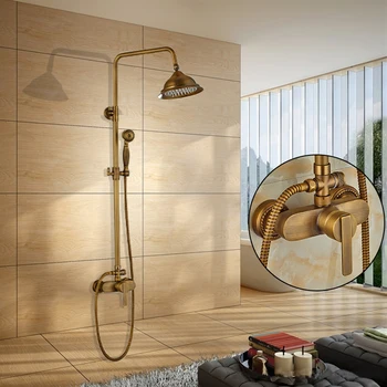 

Bathroom Shower Faucets Set Rainfall Shower Head Handshower Singel Handle Mixer Tap Antique Brass Adjustable Height Bath Shower