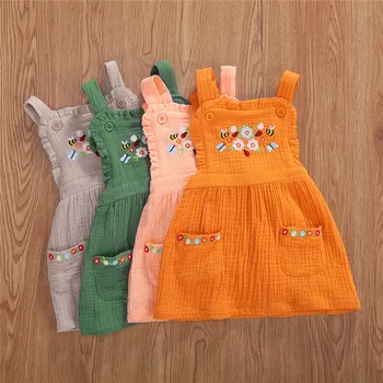 

Summer Kids Baby Girl Cotton Linen Dress Embroidery Floral A-Line Sundress Princess Button Sleeveless Backless Children Sundress