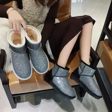Новые женские привлекательные Стразы теплые зимние сапоги Для женщин; нескользящая обувь из материала на основе хлопка Женская мода Повседневное ботильоны с круглым носком женская обувь