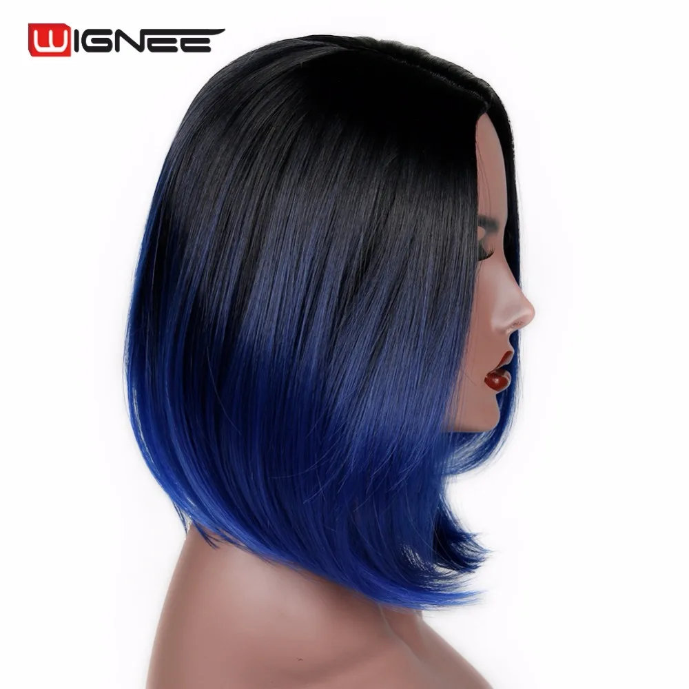 Wignee 2 тона Омбре синий цвет Боб волосы короткие синтетические парики для черных женщин естественная температура тепла натуральные косплей волосы парики