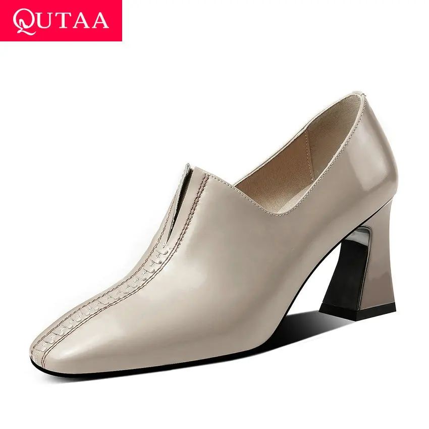 

QUTAA 2020 Sewing Square Toe Slip on All Match Women Shoes Fashion Hoof High Heel Cow Leather Spring Ladies Pumps Size 34-39