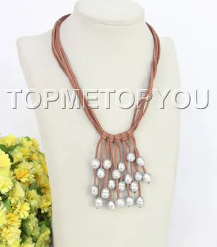 

adjustable 16"-18" 5row Baroque gray pearls khaki leather necklace