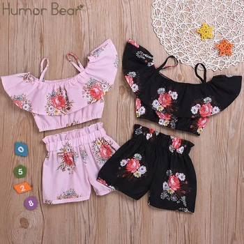 

Humor Bear Girl Clothes Set Baby Summer Clothes Toddler Baby Kids Clothes Sling Floarl Off Shoulder Ruffled Top+ Pant 2pcs
