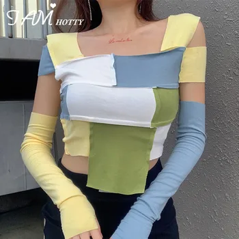 

IAMHOTTY 90s Y2K Aesthetic Colorful Patchwork Women's T-Shirts Vintage Cotton Hollow Out Korean Streetwear E girl Crop Top 2020