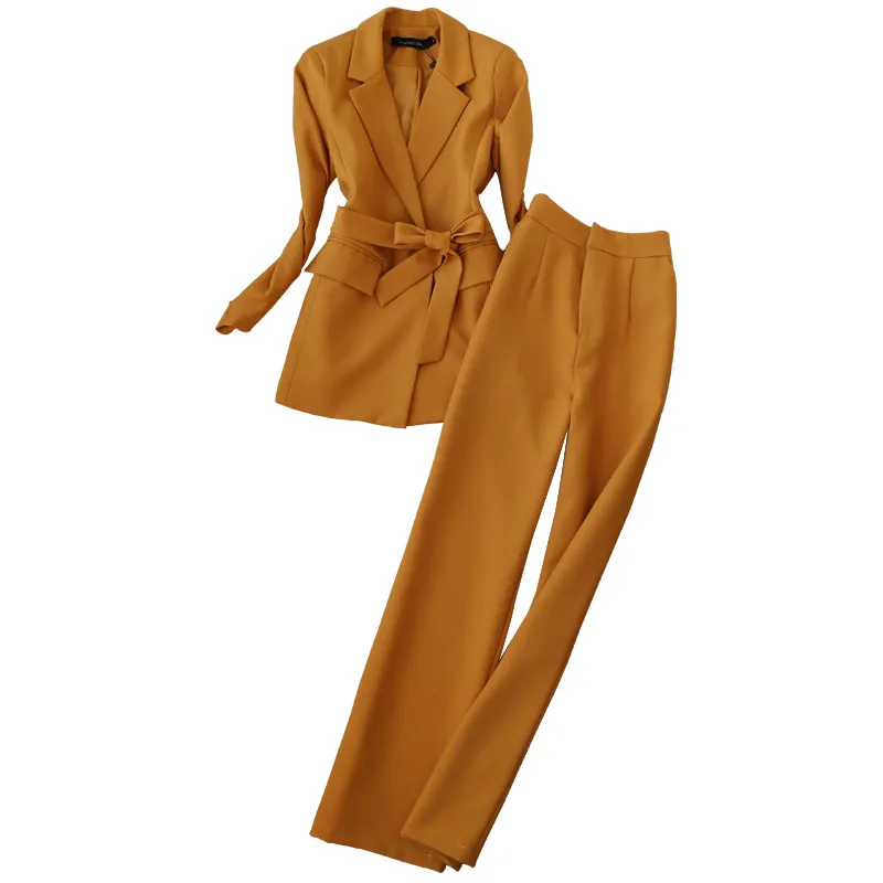 

High quality autumn women's suit pants suit office Fashion Slim Lady Yellow Jacket Blazer Casual high waist trousers set of two