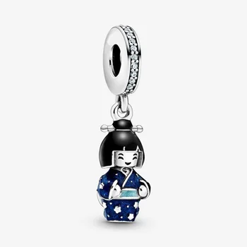 

2020 New 925 Sterling Silver Japan Doll Pendant In Blue Kimono Enamel Dangle Charms Fit Pan Bracelet Women DIY Jewelry Beads