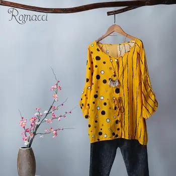 

Women Vintage Plus Size Loose Blouse 3/4 Sleeved Striped Dot Print Button Down Retro Holiday Boho Shirts Casual Tops S-5XL