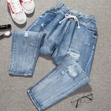 Весенние рваные джинсы для женщин размера плюс, женские джинсы на шнуровке, уличная одежда, свободные штаны-шаровары с высокой талией, джинсы для мам, 5XL