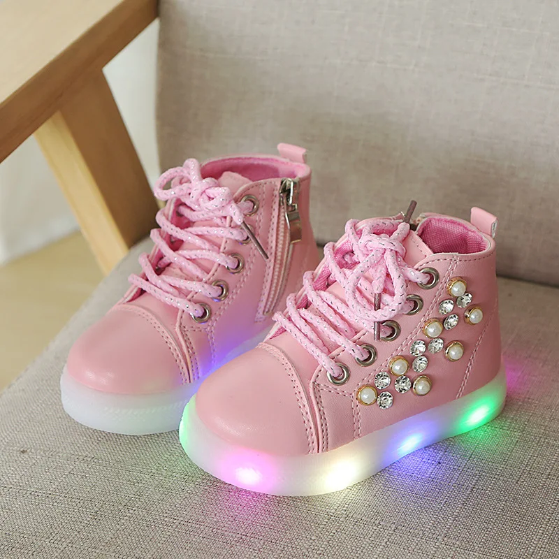 

2020 Fashion LED lighting Diamond girls shoes Lovely princess kids boots toddler High quality lace up children sneakers