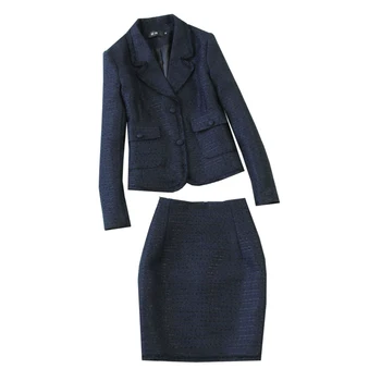 

Women's suits new fashion single-breasted suit collar soft blouse jacket jacket hip skirt two sets of Tibetan blue suit