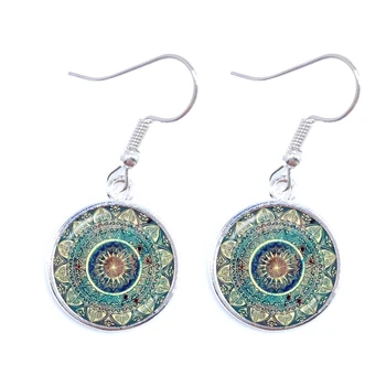 

Mandala Picture Drop Earrings Henna Yoga Om Symbol Zen Buddhism 16mm Glass Cabochon Dome Jewellery For Women Girls Gift