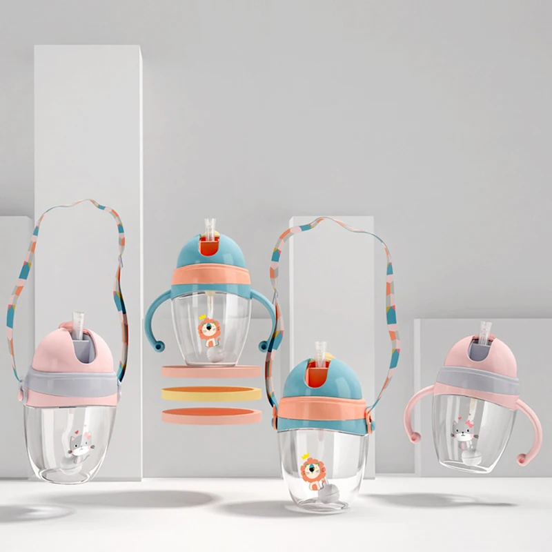 320ml Baby Straw Cup with Handl Cartoon Animal Baby Drinking Feeding Bottle Cup With Shoulder Strap for kindergarten baby 6month