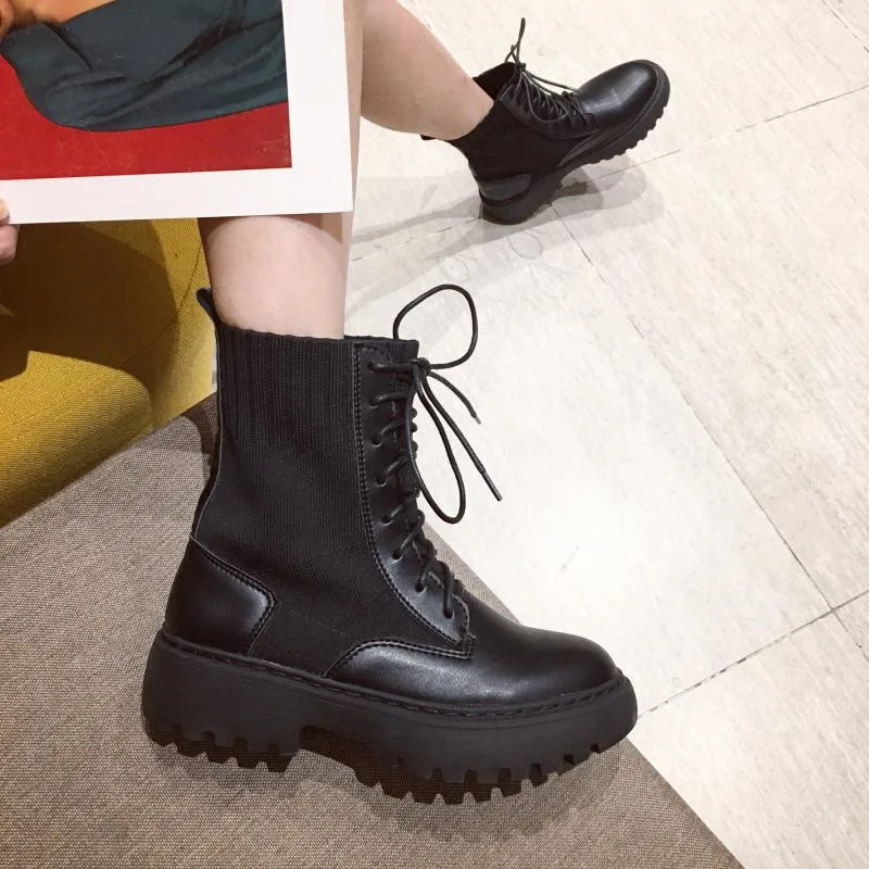 Round Toe Winter Boots Lady Lace Up Ankle Booties Women Chunky Heel Low Heels booties Rock Shoes Woman Boots-women Short